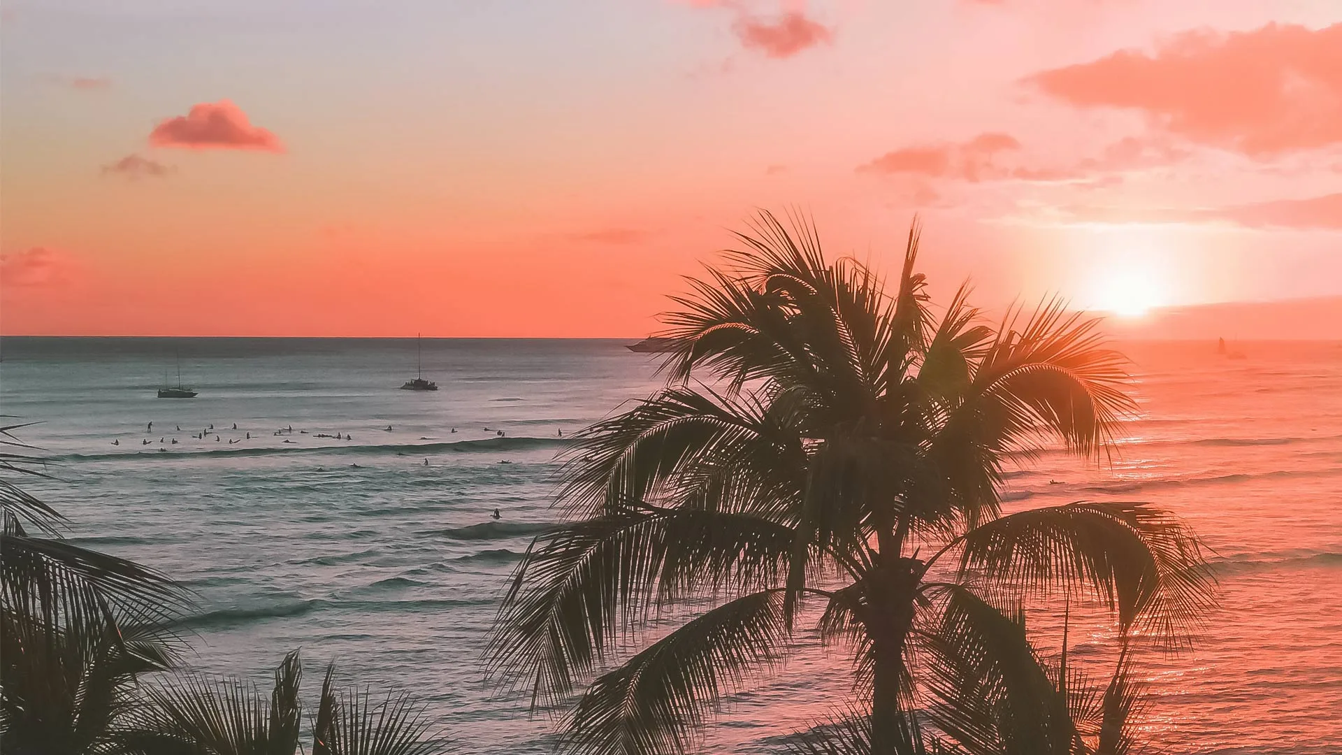 Vibrant Caribbean sunset over the ocean framed by palm trees, with sailboats on the horizon near Puerto Rico’s beaches.