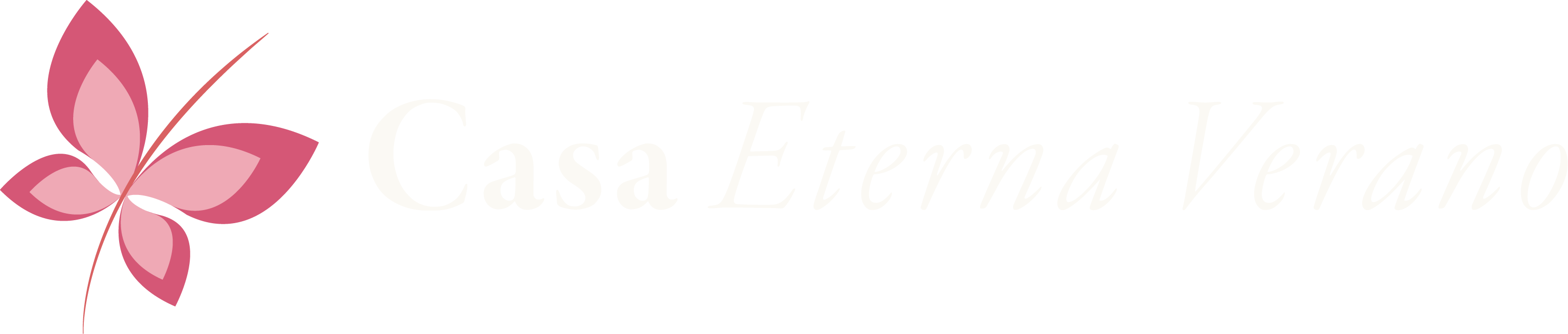 Casa Eterna Verano full horizontal logo with tropical flower icon and elegant wordmark, beach house branding in warm soft colors representing Puerto Rico’s endless summer