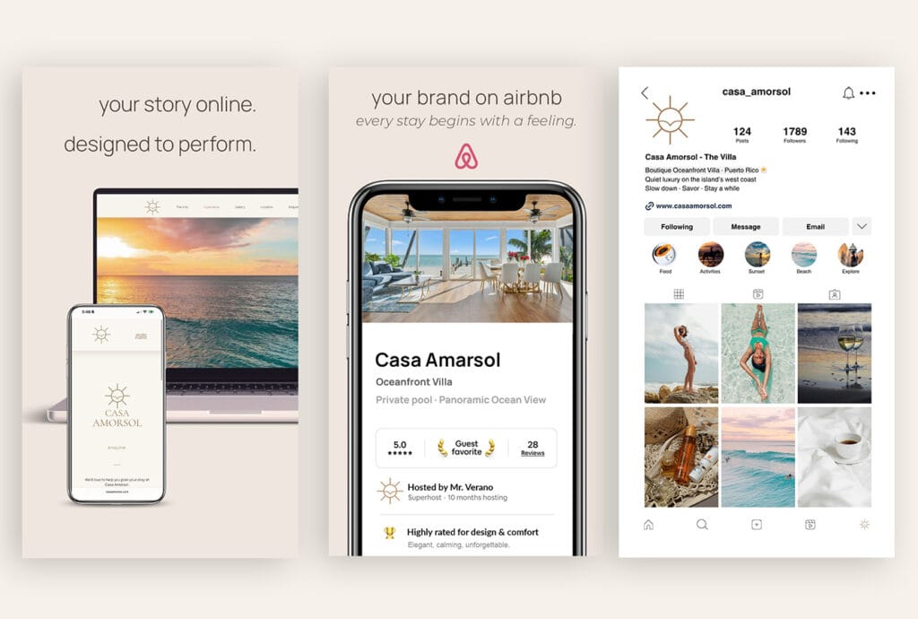 Branding mockup showing Airbnb listing design, Instagram aesthetic, and website interface for a Puerto Rico vacation rental brand created by Visible PR.
