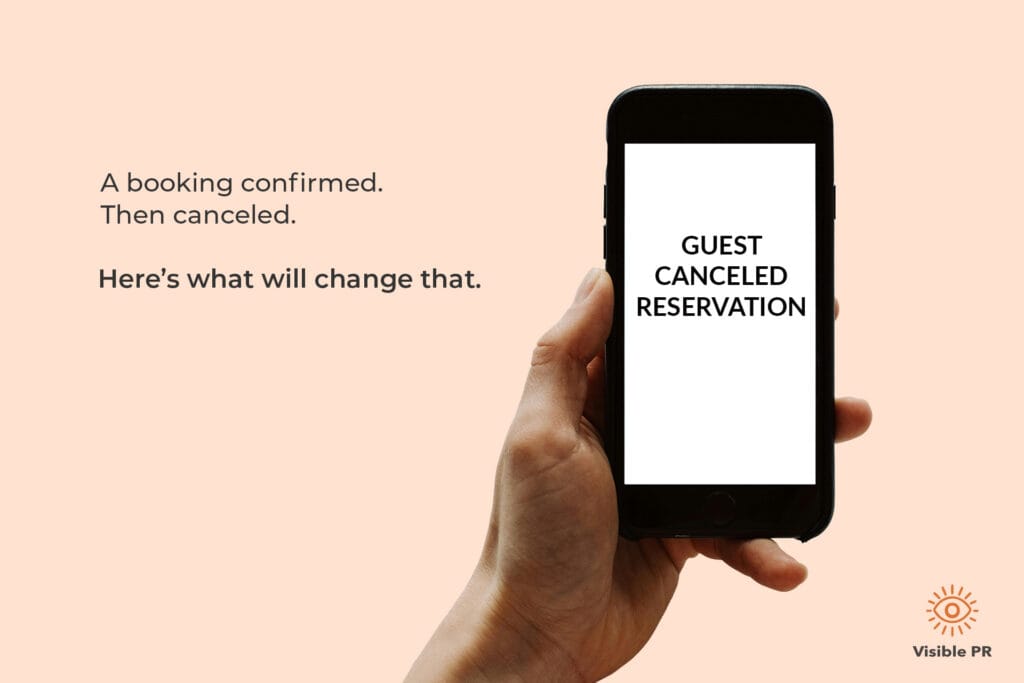 Hand holding a phone showing “Guest Canceled Reservation,” with text reading “A booking confirmed. Then canceled. Here’s what will change that.” — highlighting how a professional website helps Airbnb hosts reduce cancellations.
