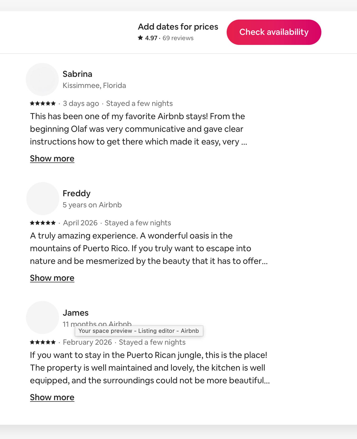 Airbnb guest reviews describing relaxation, mountain views, communication, and overall experience at El Chalet in Puerto Rico.