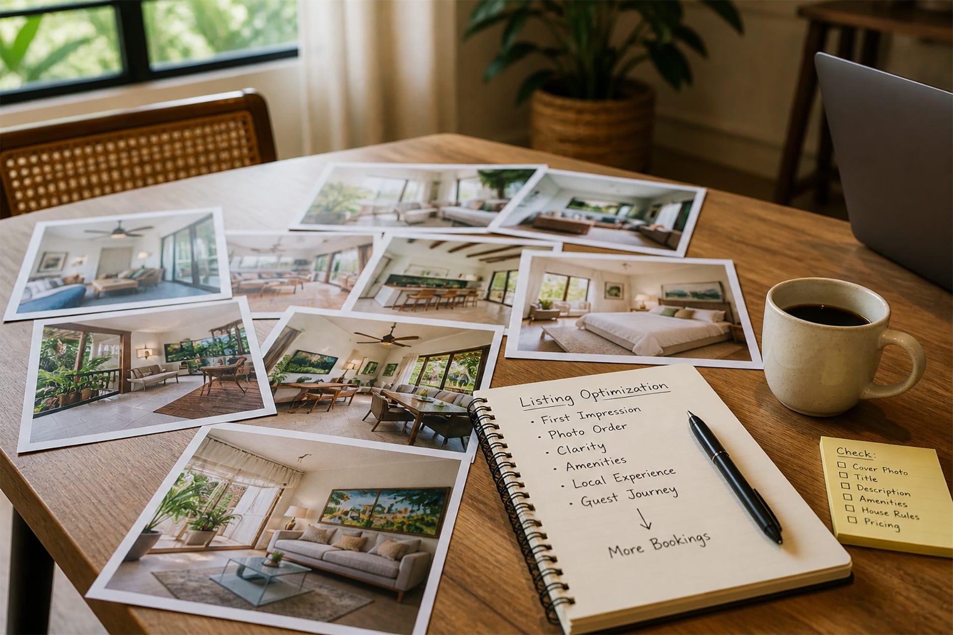 Airbnb listing photos laid out on a table with notebook and checklist, showing the planning and optimization process for a vacation rental