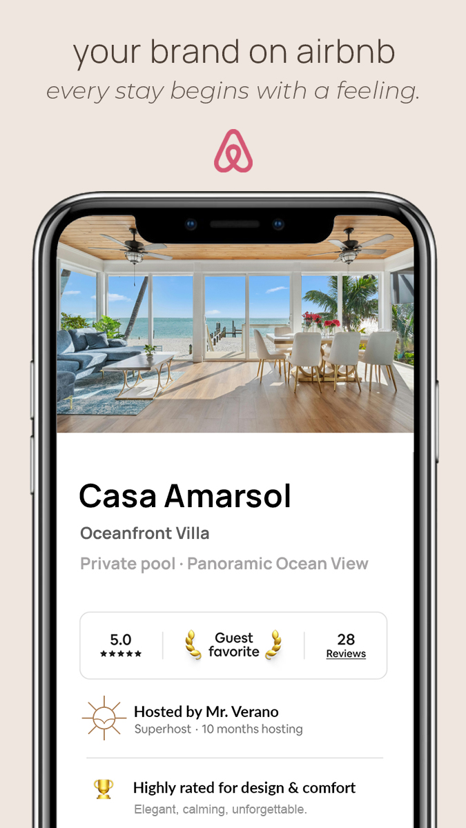 Mobile phone mockup showing a Casa Amorsol Airbnb listing with text above reading ‘Your Brand on Airbnb – Every stay begins with a story.’ The design features a soft peach background, the Airbnb logo, and elegant typography that highlights branding for vacation rentals.