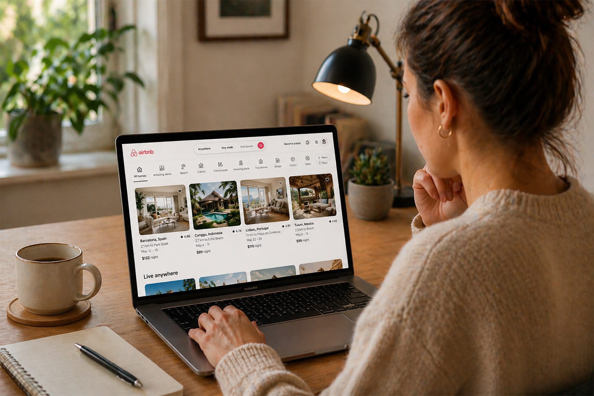 Woman browsing Airbnb listings on a laptop at home, comparing properties and scrolling through search results before deciding whether to book