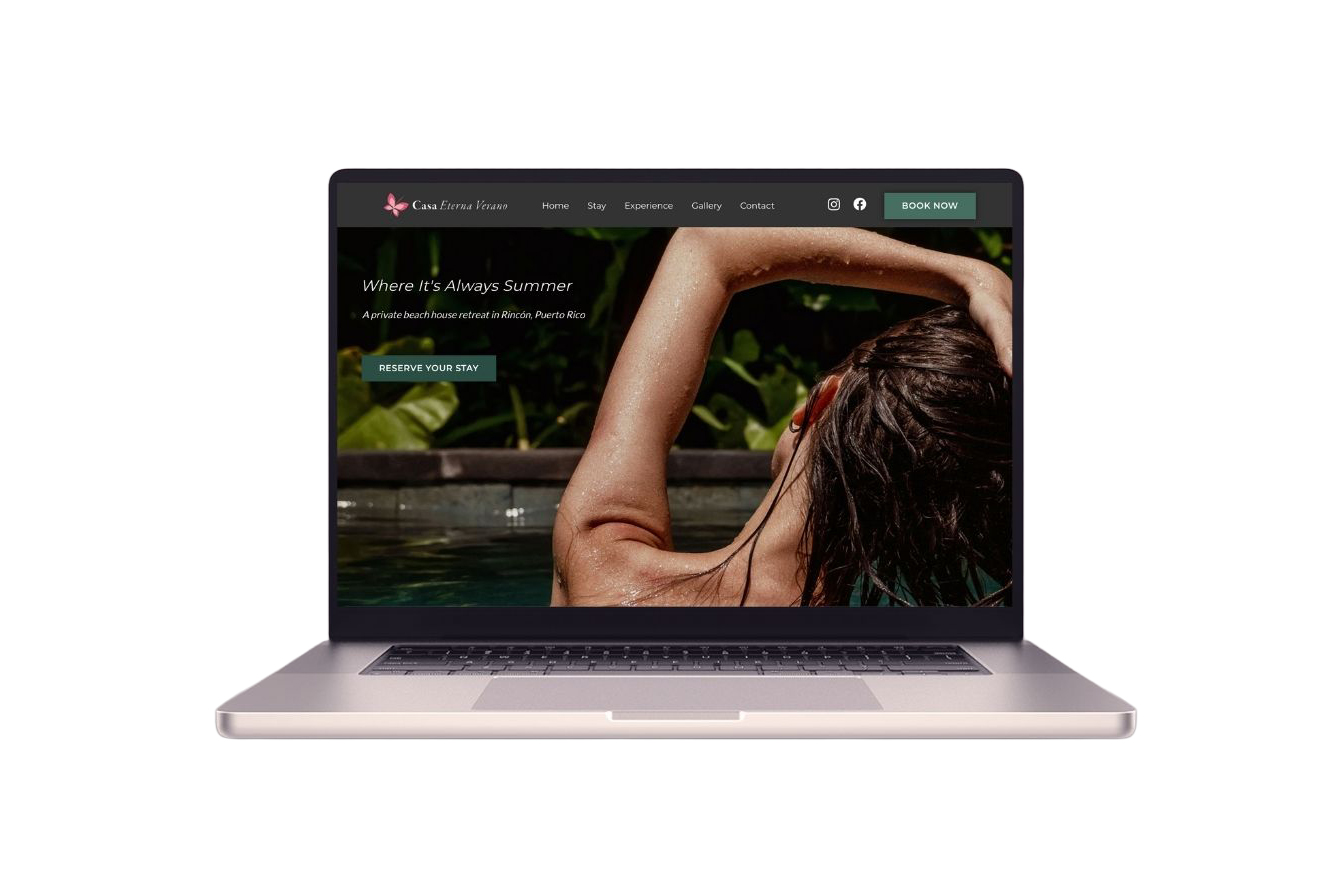 Laptop showing a modern Airbnb-style website for a Puerto Rico vacation rental, demonstrating why hosts need their own website in 2026.