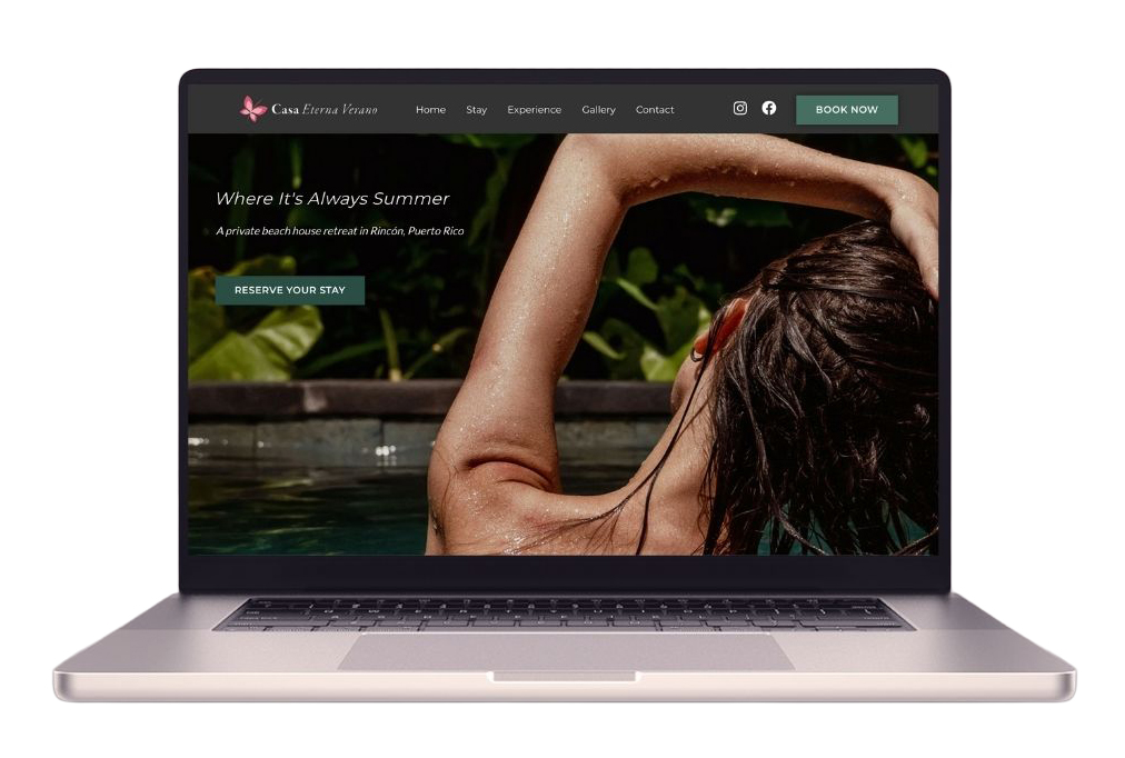 Laptop showing a modern Airbnb-style website for a Puerto Rico vacation rental, demonstrating why hosts need their own website in 2026.