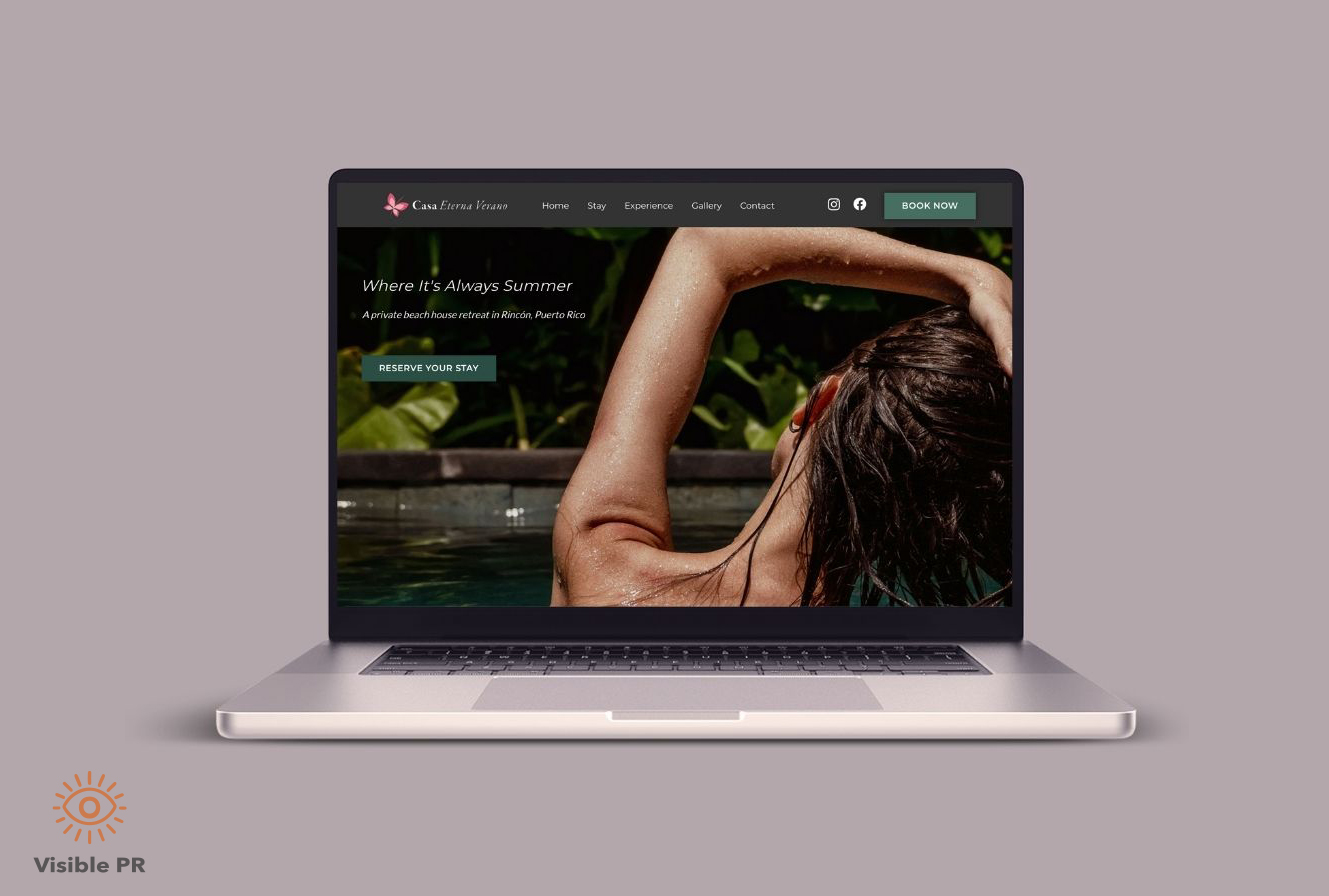 Laptop showing a modern Airbnb-style website for a Puerto Rico vacation rental, demonstrating why hosts need their own website in 2026.