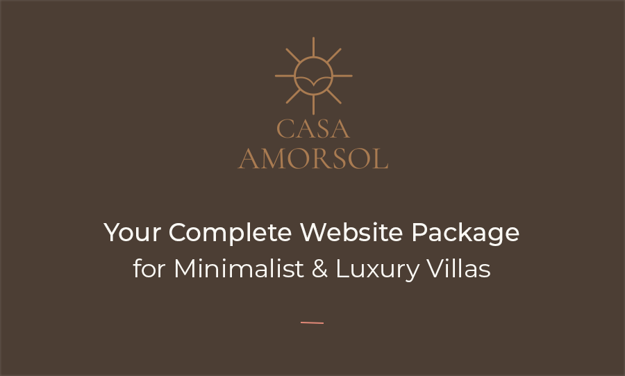 Minimalist luxury branding package card for Casa Amorsol, featuring a clean modern layout and premium design, promoting a complete Airbnb website package created for high-end villas and luxury vacation rentals.