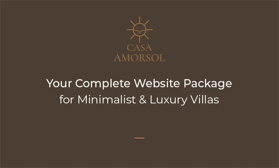 Minimalist luxury branding package card for Casa Amorsol, featuring a clean modern layout and premium design, promoting a complete Airbnb website package created for high-end villas and luxury vacation rentals.