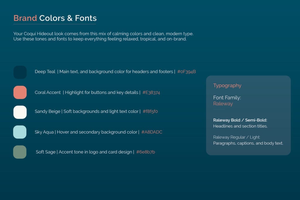 Brand color palette and typography guide for Coquí Hideout, showing five calming colors and the Raleway font family used for the vacation rental brand.
