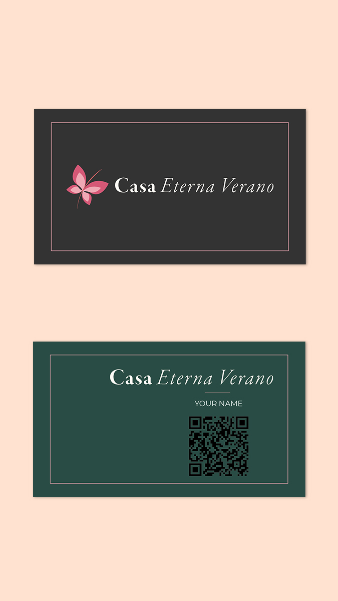 Business card design for Casa Eterna Verano vacation rental showing the logo and brand colors. Modern design with QR code.