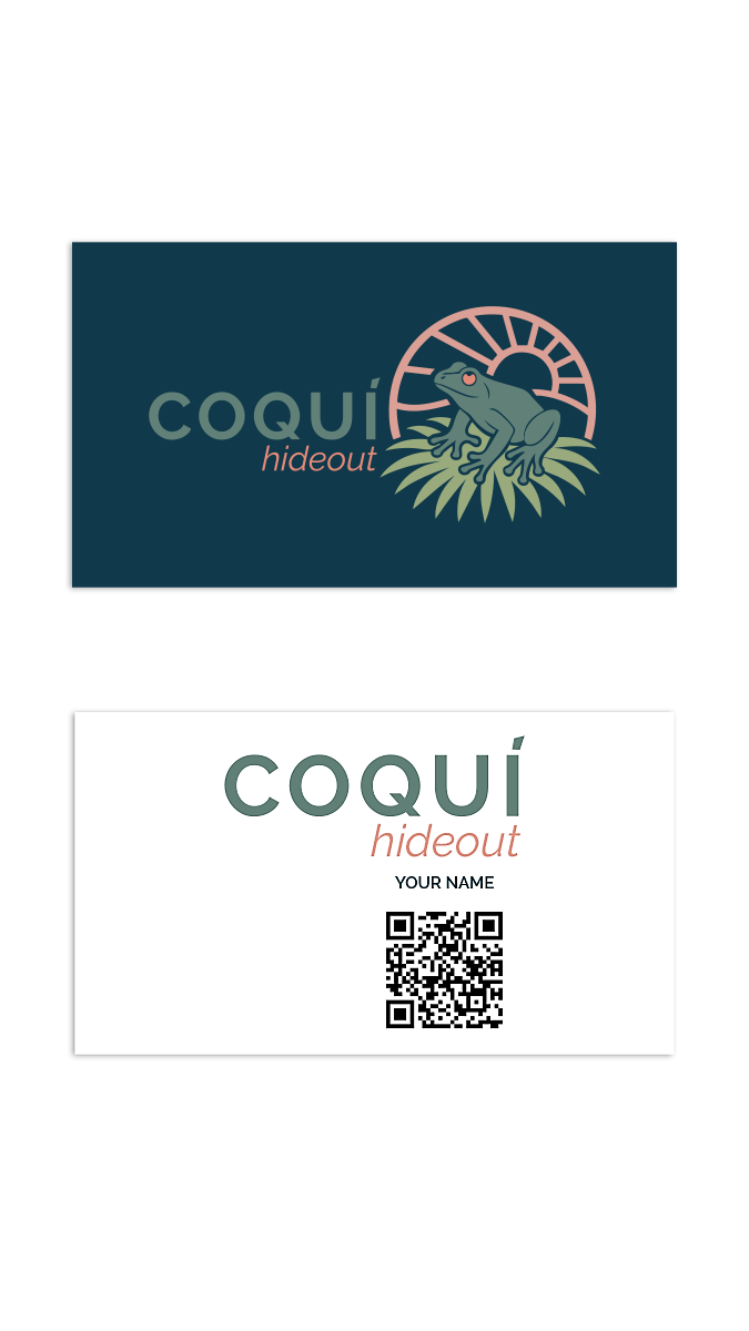 Business card design for coqui hideout vacation rental showing the logo and brand colors. Modern design with QR code.