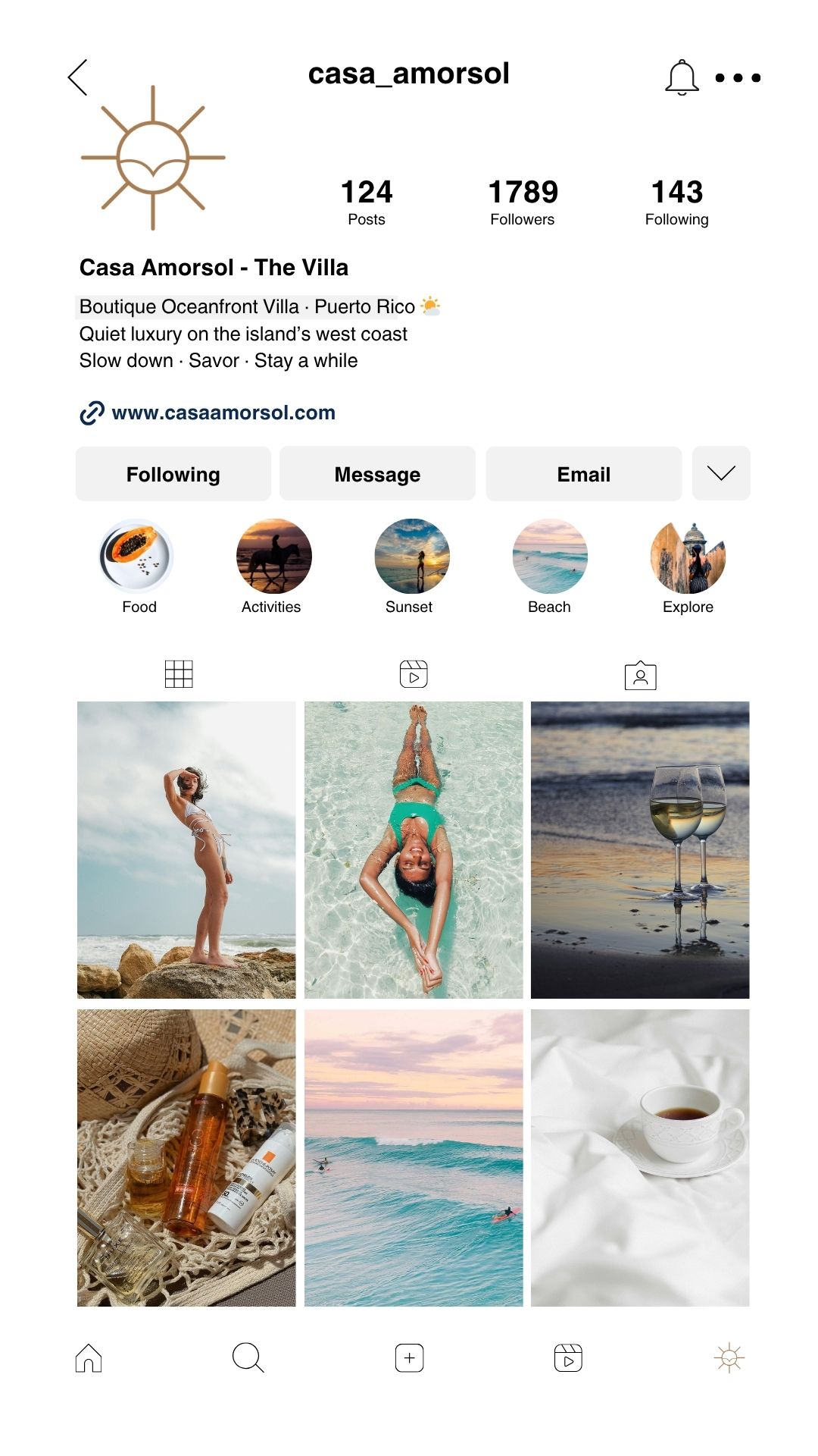 Instagram profile mockup for Casa Amorsol, a boutique oceanfront villa in Puerto Rico, showing the bio, highlights, and luxury lifestyle feed layout.