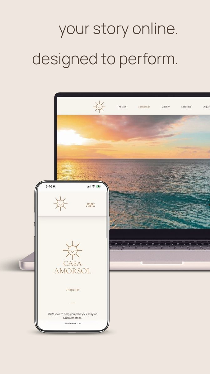 Casa Amorsol website mockup showing laptop and mobile versions on a beige background with the text “Your story, online. Designed to perform.”