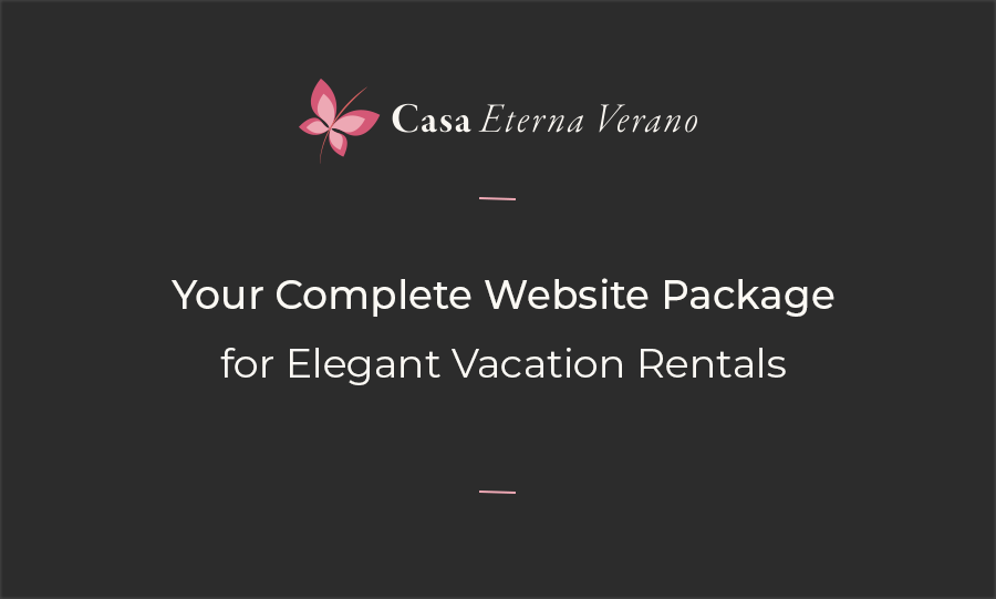 Elegant branding package card for Casa Eterna Verano, featuring a refined minimalist black background, soft pink butterfly logo, and text promoting a complete Airbnb website package for upscale vacation rentals.