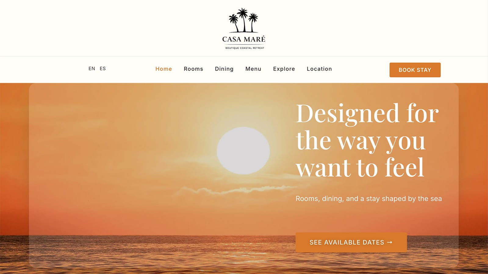 Casa Mare botique hotel website design in Puerto Rico showing sunset view hero section