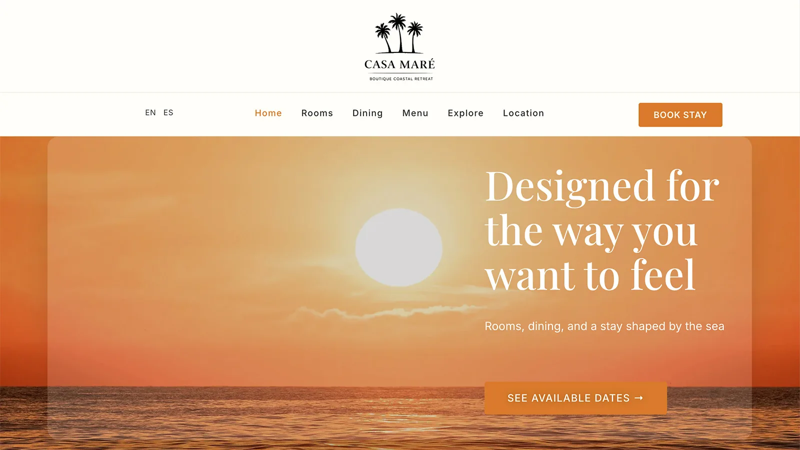 Casa Mare botique hotel website design in Puerto Rico showing sunset view hero section