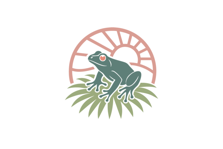 Full-color icon-only logo design for Coquí Hideaway by Visible PR, featuring coquí frog, tropical leaves, and sun in brand palette