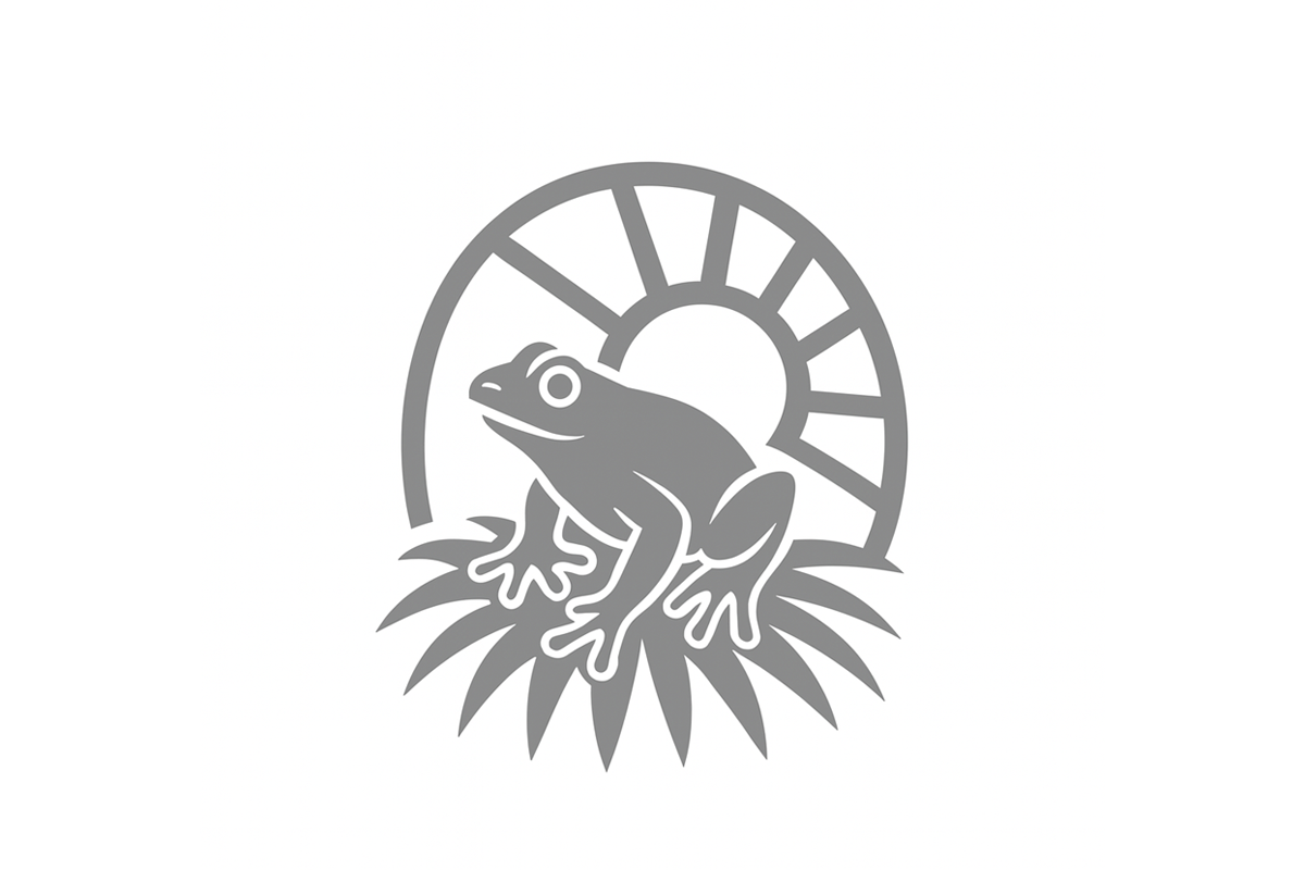Grayscale icon-only logo design for Coquí Hideaway created by Visible PR, coquí frog with sun and leaves for versatile single-color use