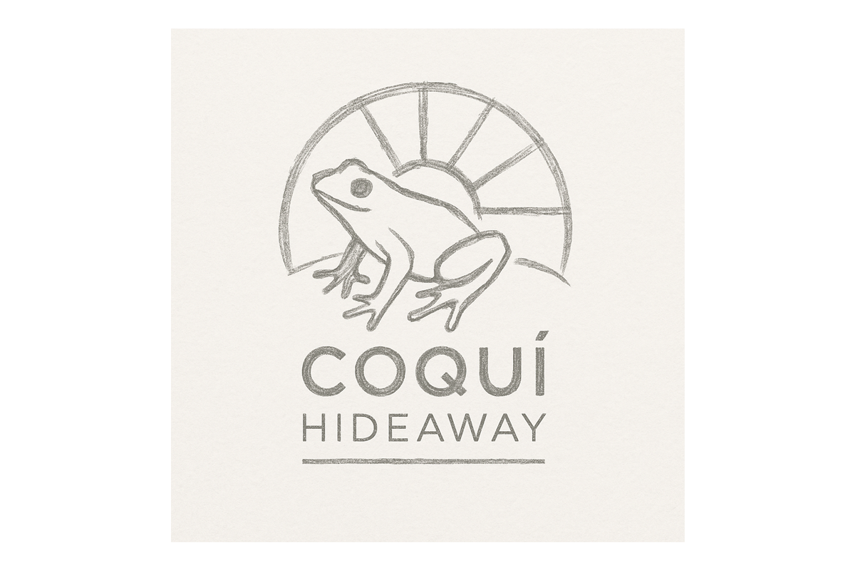 Hand-drawn sketch style stacked logo design for Coquí Hideaway by Visible PR, showing early concept of frog, sun, and typography