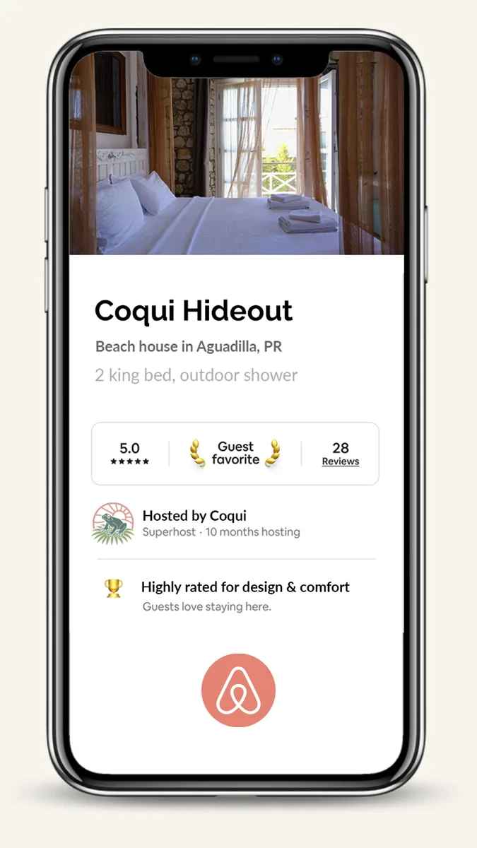 Instagram profile mockup of Coquí Hideout showcasing a beach lifestyle grid and clear vacation rental branding for a Puerto Rico Airbnb host.