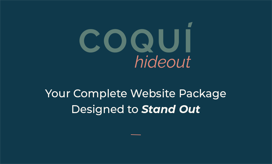 Coquí Hideout branding package card with a deep coastal blue background, modern logo, and bold text highlighting a complete Airbnb website package designed for creative coastal vacation rentals.