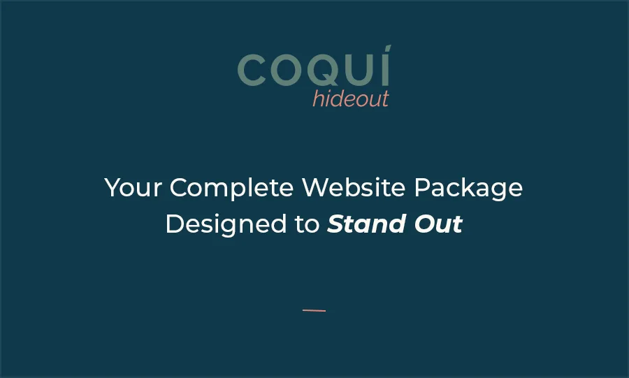 Coquí Hideout branding package card with a deep coastal blue background, modern logo, and bold text highlighting a complete Airbnb website package designed for creative coastal vacation rentals.