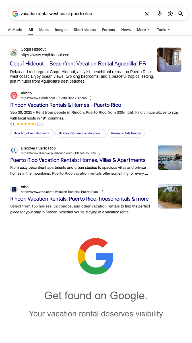 Google search results showing Coquí Hideout ranking first for vacation rentals in Puerto Rico, with tagline ‘Get found on Google. Your vacation rental deserves visibility