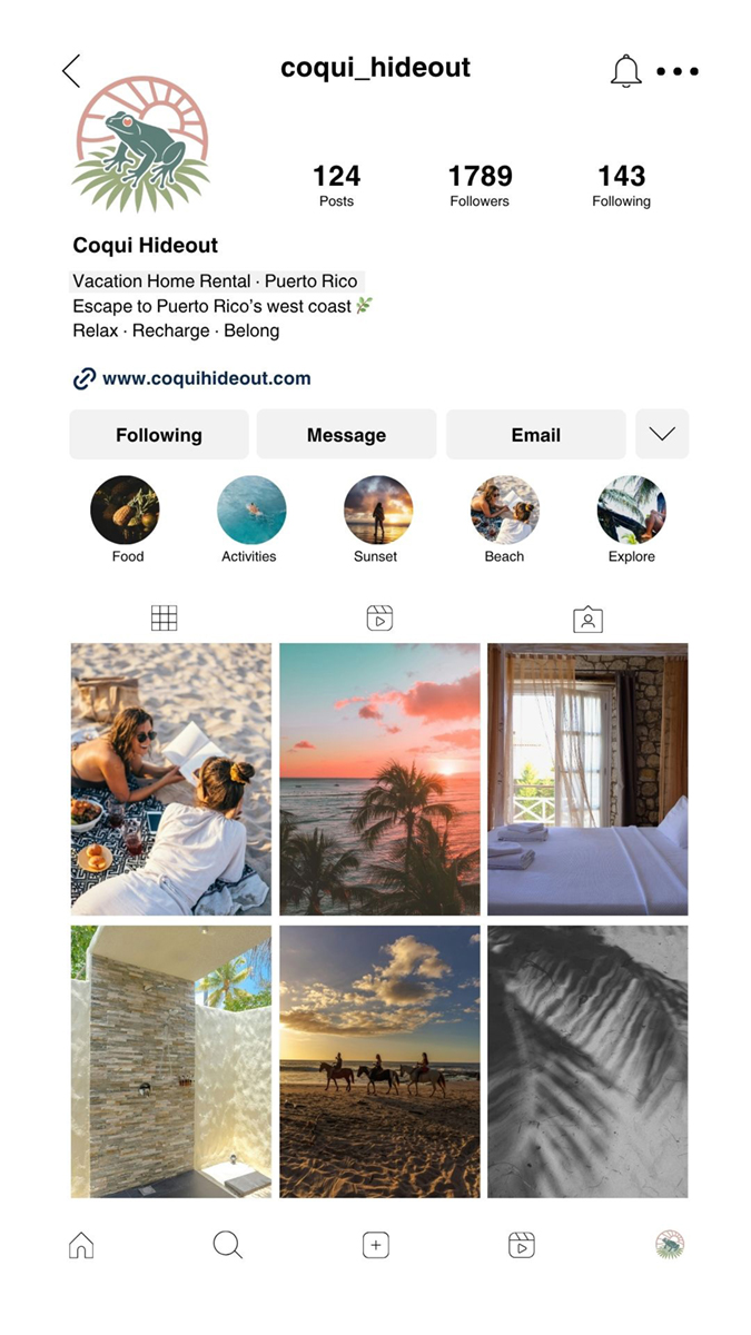 Instagram profile mockup of Coquí Hideout showcasing a beach lifestyle grid and clear vacation rental branding for a Puerto Rico Airbnb host.