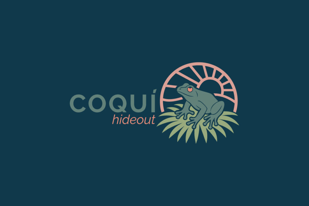 Logo Design Coqui Hideout Coastal Vacation Rental Logo showing the Puerto Rican Coqui in warm, natural colors.