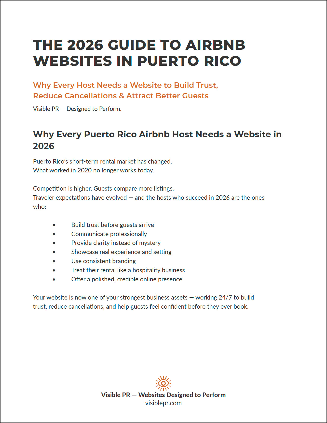 Cover page of the 2026 Guide to Airbnb Websites in Puerto Rico, a free PDF for hosts explaining why modern websites build trust, reduce cancellations, and improve visibility.