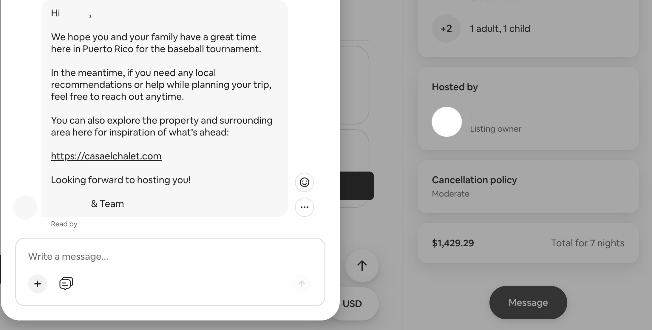 Personalized Airbnb guest message sent after booking, providing local recommendations and a link to the El Chalet website before arrival.