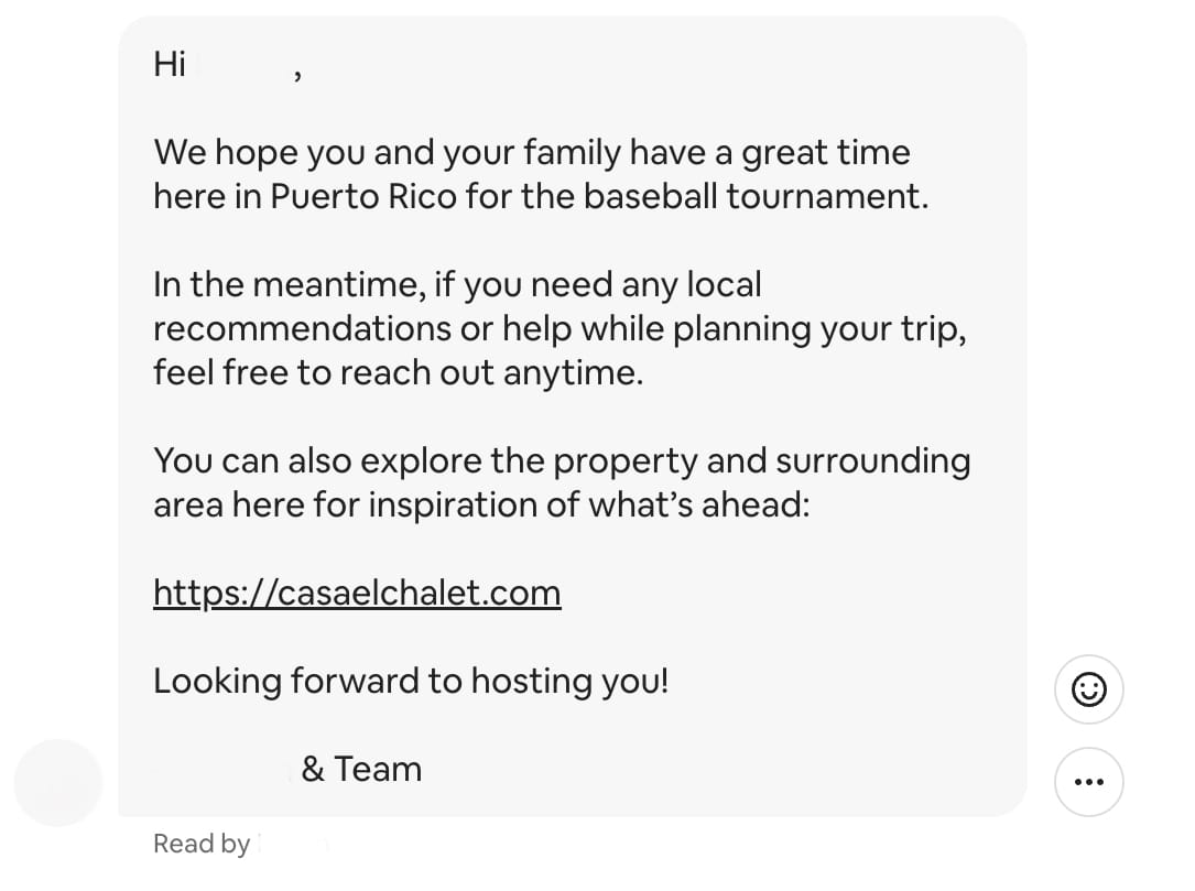 Personalized Airbnb guest message sent after booking, providing local recommendations and a link to the El Chalet website before arrival.