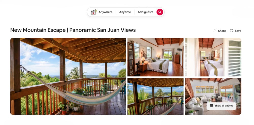 Updated Airbnb listing header for El Chalet showing the optimized title "New Mountain Escape | Panoramic San Juan Views" and revised image sequence focused on mountain views, outdoor living, and guest experience.
