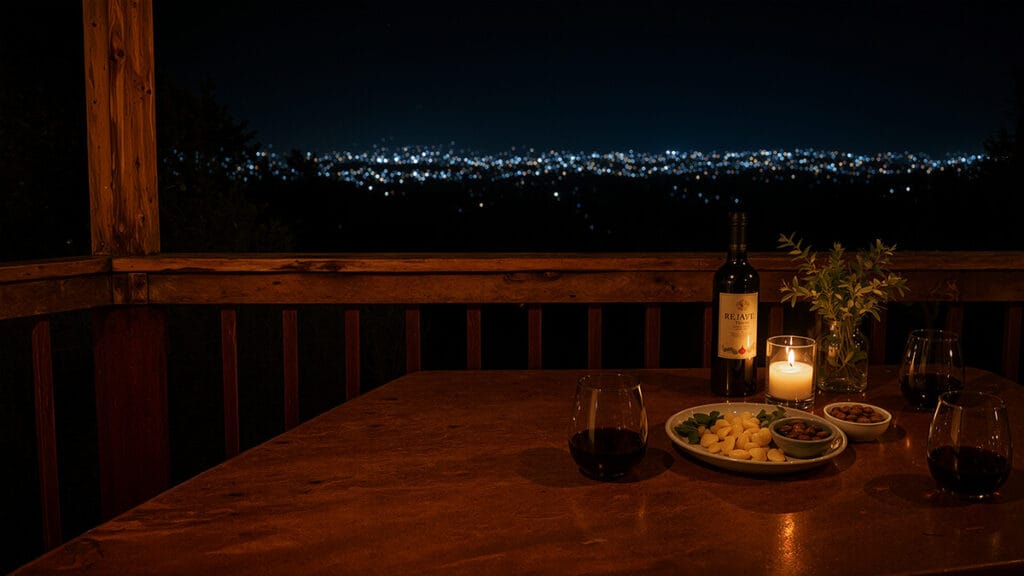 Evening table setup with wine, candlelight, and snacks overlooking the city lights of San Juan from El Chalet in Puerto Rico, illustrating how memorable guest experiences help Airbnb listings stay relevant over time.