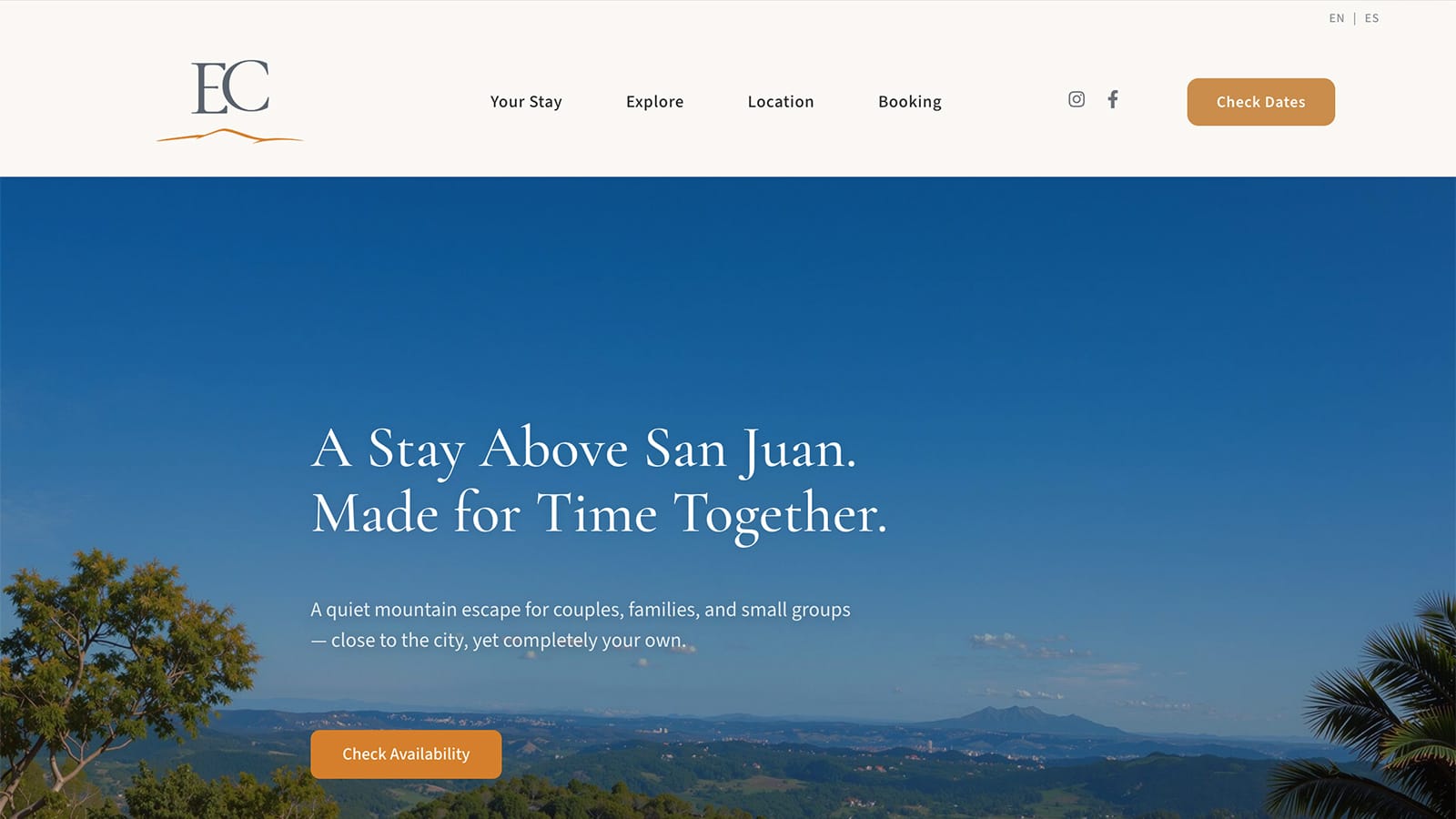 El Chalet vacation rental website design in Puerto Rico showing mountain view hero section