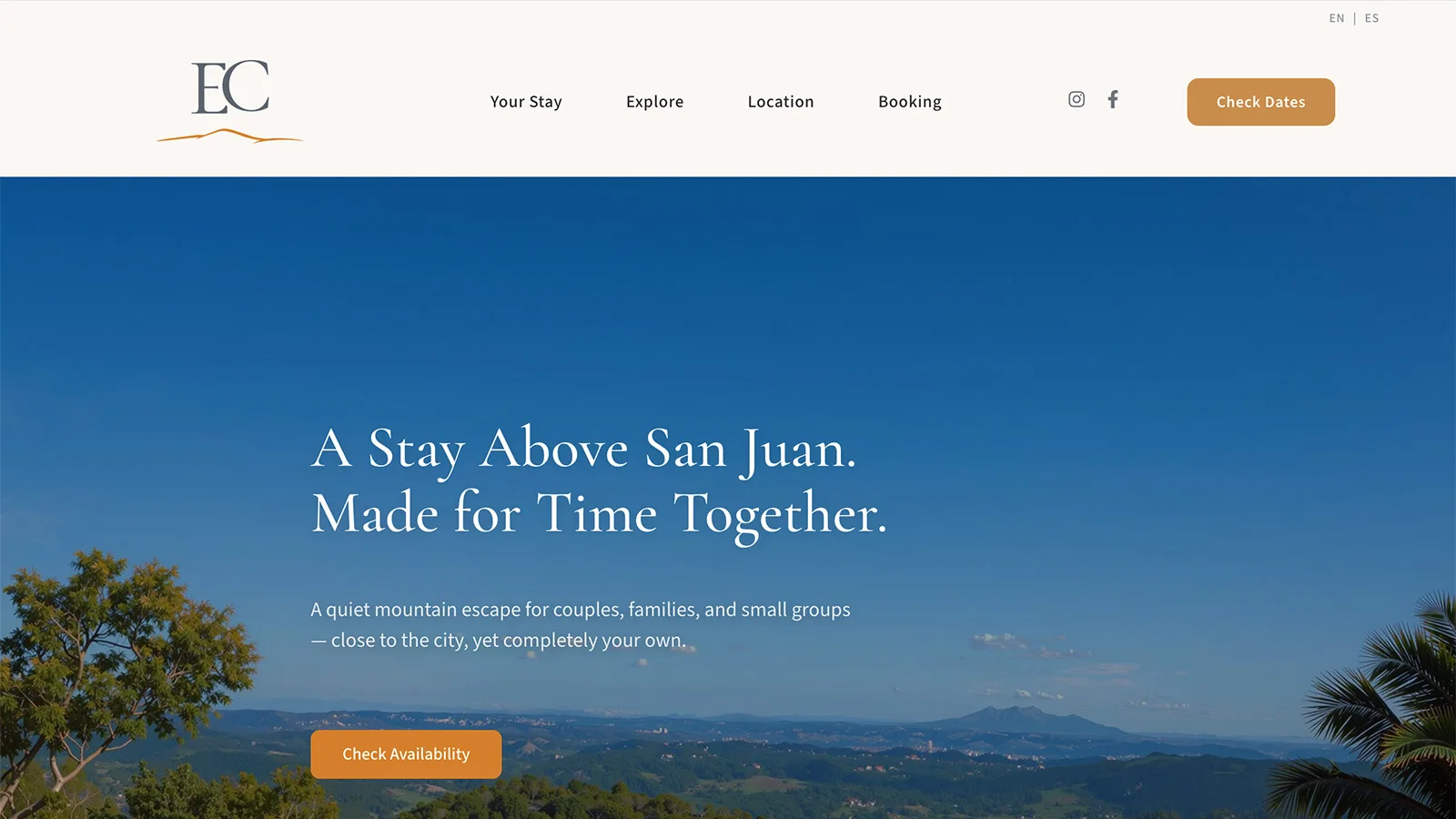 El Chalet vacation rental website design in Puerto Rico showing mountain view hero section