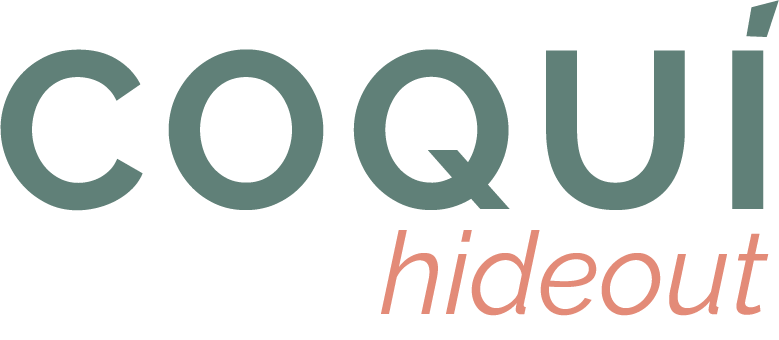 Wordmark logo design Coquí Hideout Botique Vacation Rental created by Visible PR, clean typography with hideout in terracotta accent color