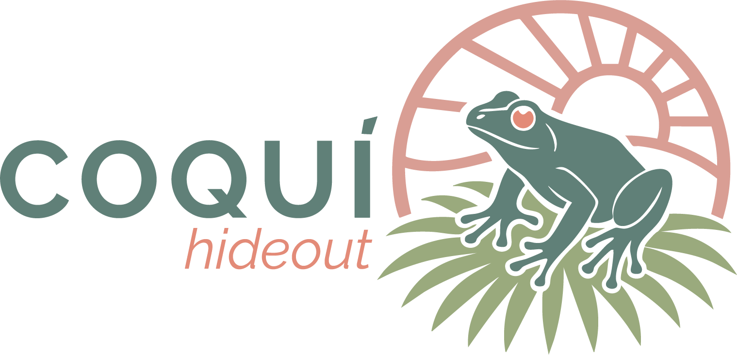 Horizontal logo design for Coquí Hideaway by Visible PR, featuring coquí frog, tropical leaves, and rising sun in terracotta and green palette