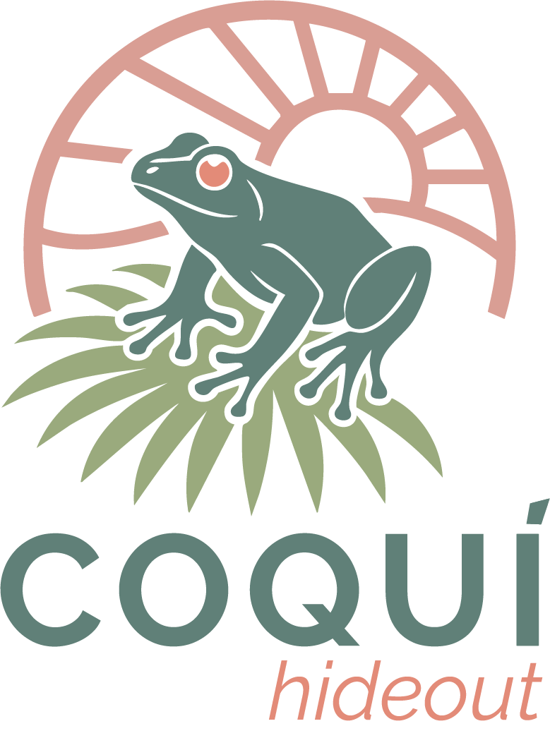 Horizontal logo design for Coquí Hideaway by Visible PR, featuring coquí frog, tropical leaves, and rising sun in terracotta and green palette