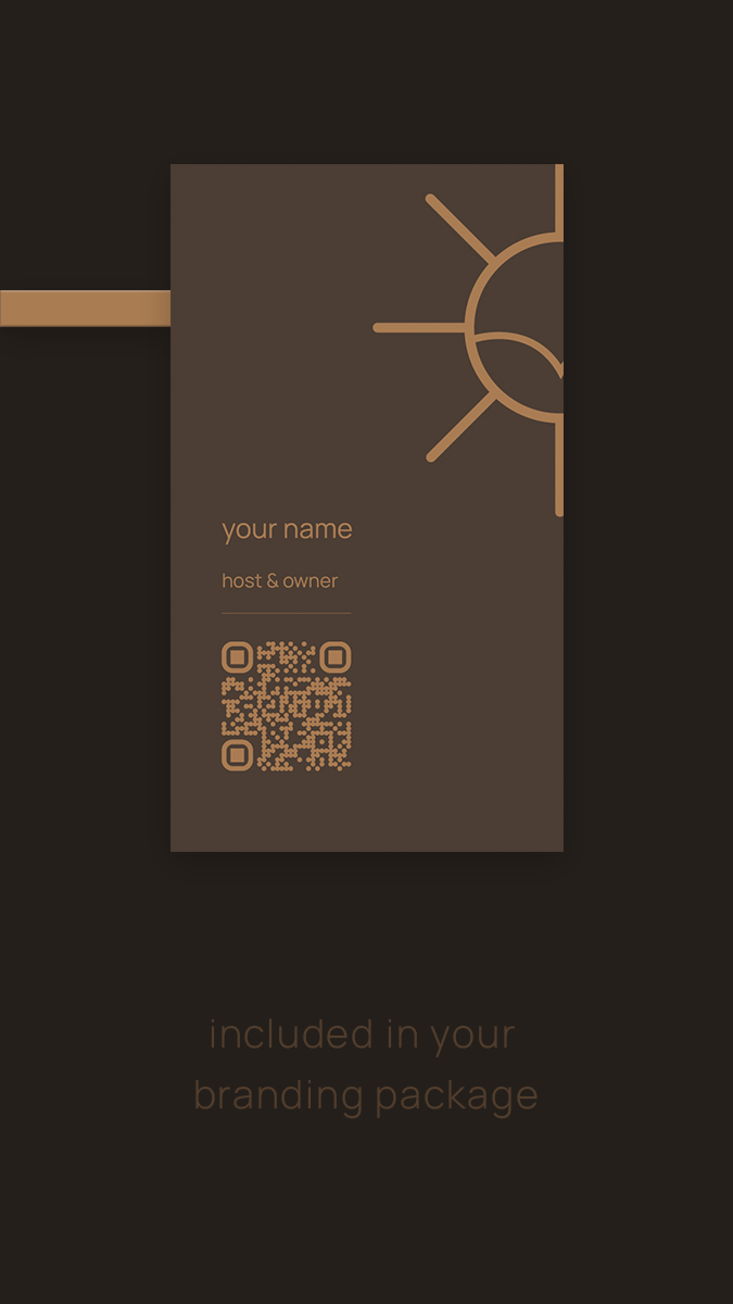 Minimalist luxury business card for Casa Amorsol featuring a clean dark-brown background, soft bronze accents, and a refined sun-inspired line motif. The back side includes a subtle name placeholder and a scannable QR code, designed with an understated, elegant vacation-rental aesthetic.