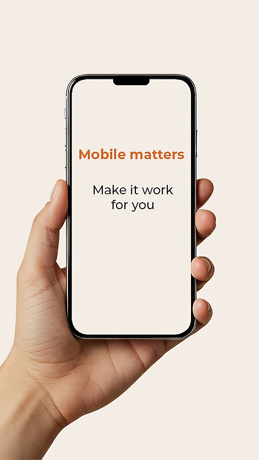 Hand holding a smartphone with the message "Mobile matters – Make it work for you," promoting mobile-optimized bilingual websites in Puerto Rico.