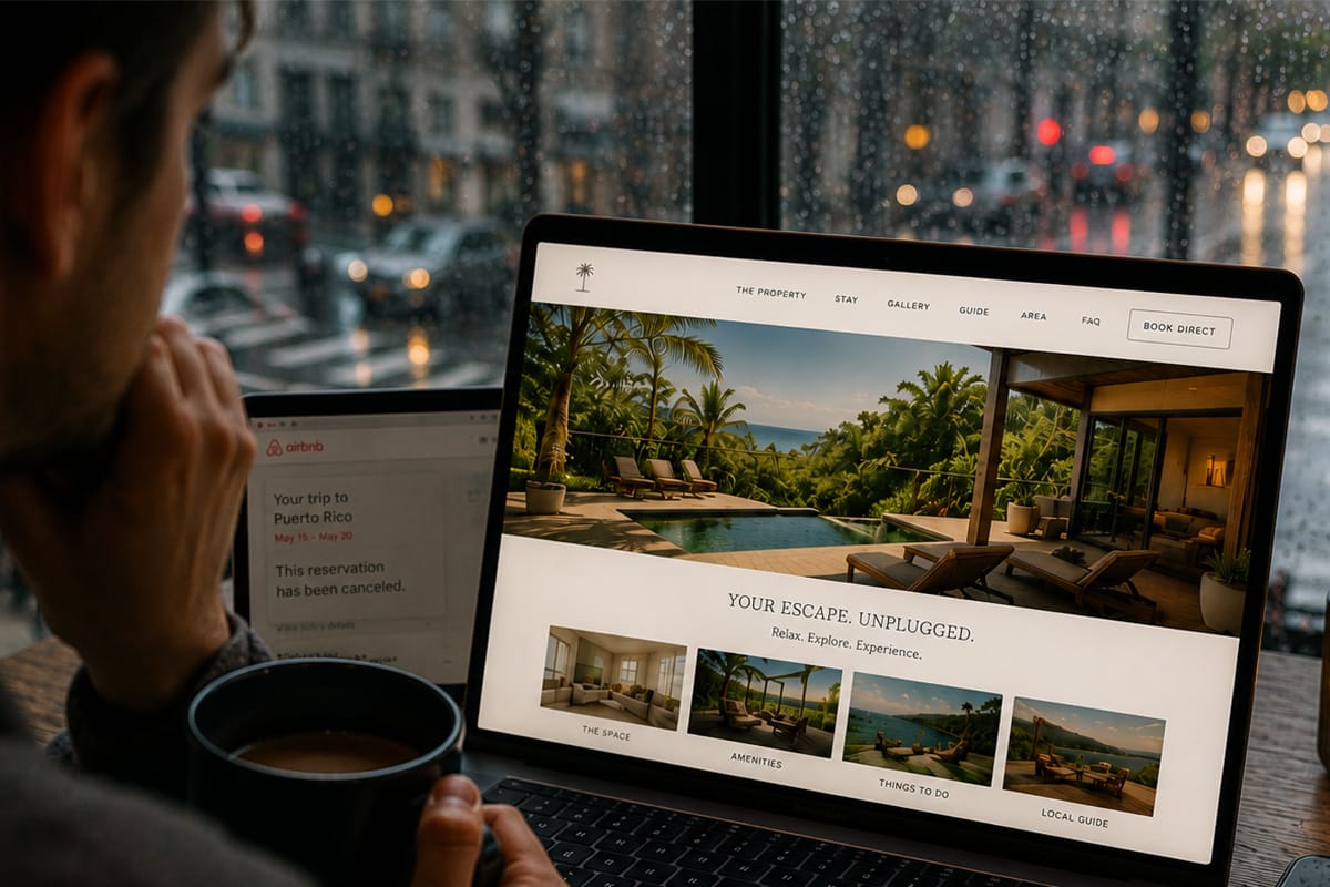 Guest in a rainy city café reconnecting with a Puerto Rico vacation rental website on a laptop after travel uncertainty, illustrating how hospitality websites strengthen guest confidence before arrival.