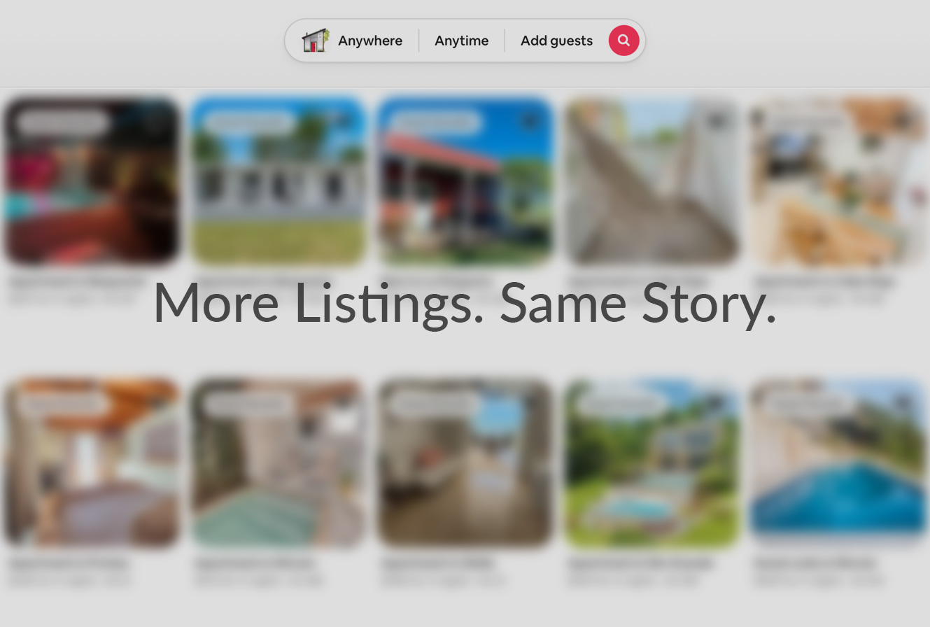 Blurred Airbnb search results in Puerto Rico showing many similar short-term rental listings, highlighting increased competition in 2026.
