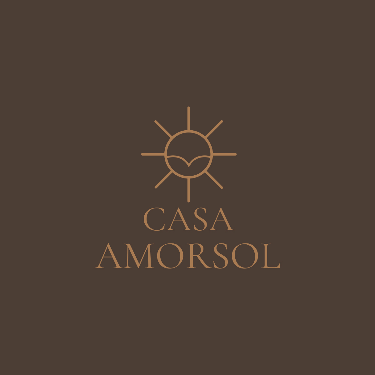 Casa Amorsol vacation rental website logo – elegant bronze sun emblem on a deep brown background.