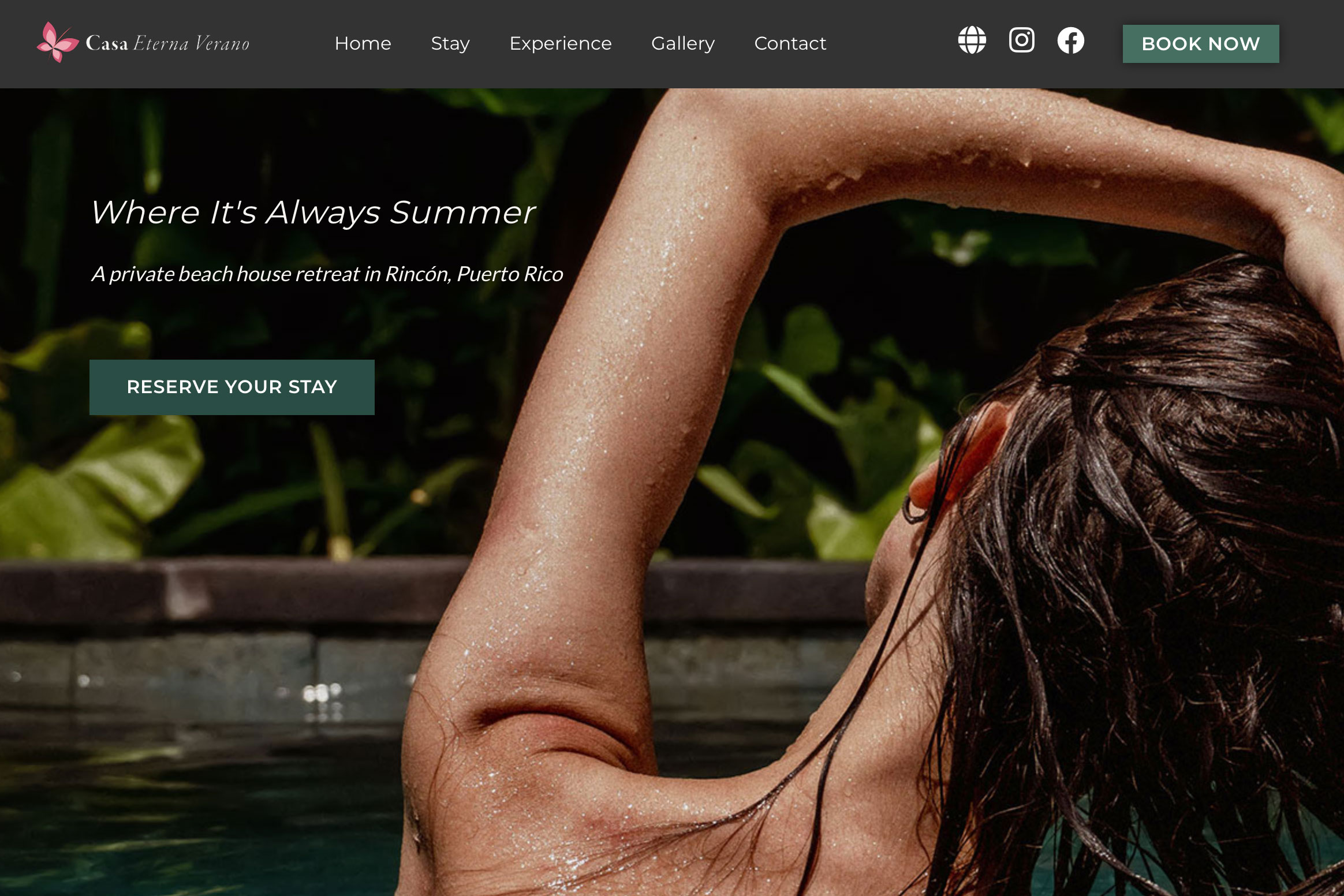 Luxury vacation rental website hero section showing a woman in a pool with a clear headline and CTA, demonstrating an effective homepage design.