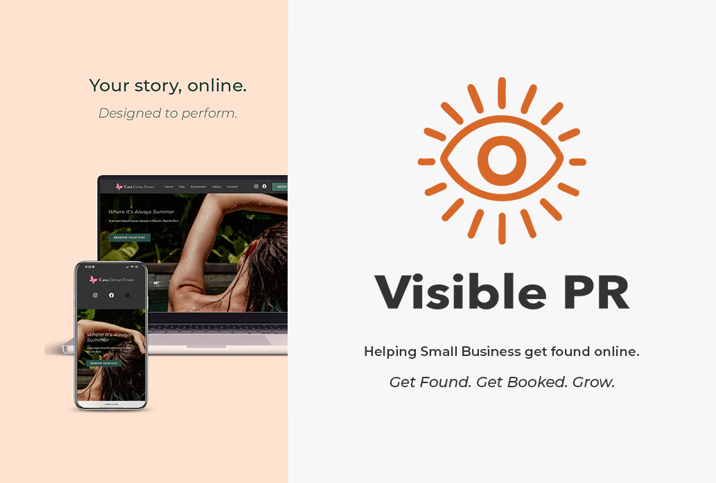Visible PR branding and website design mockup showing mobile-first layouts and logo, highlighting small-business web design, SEO, and online visibility services in Puerto Rico.
