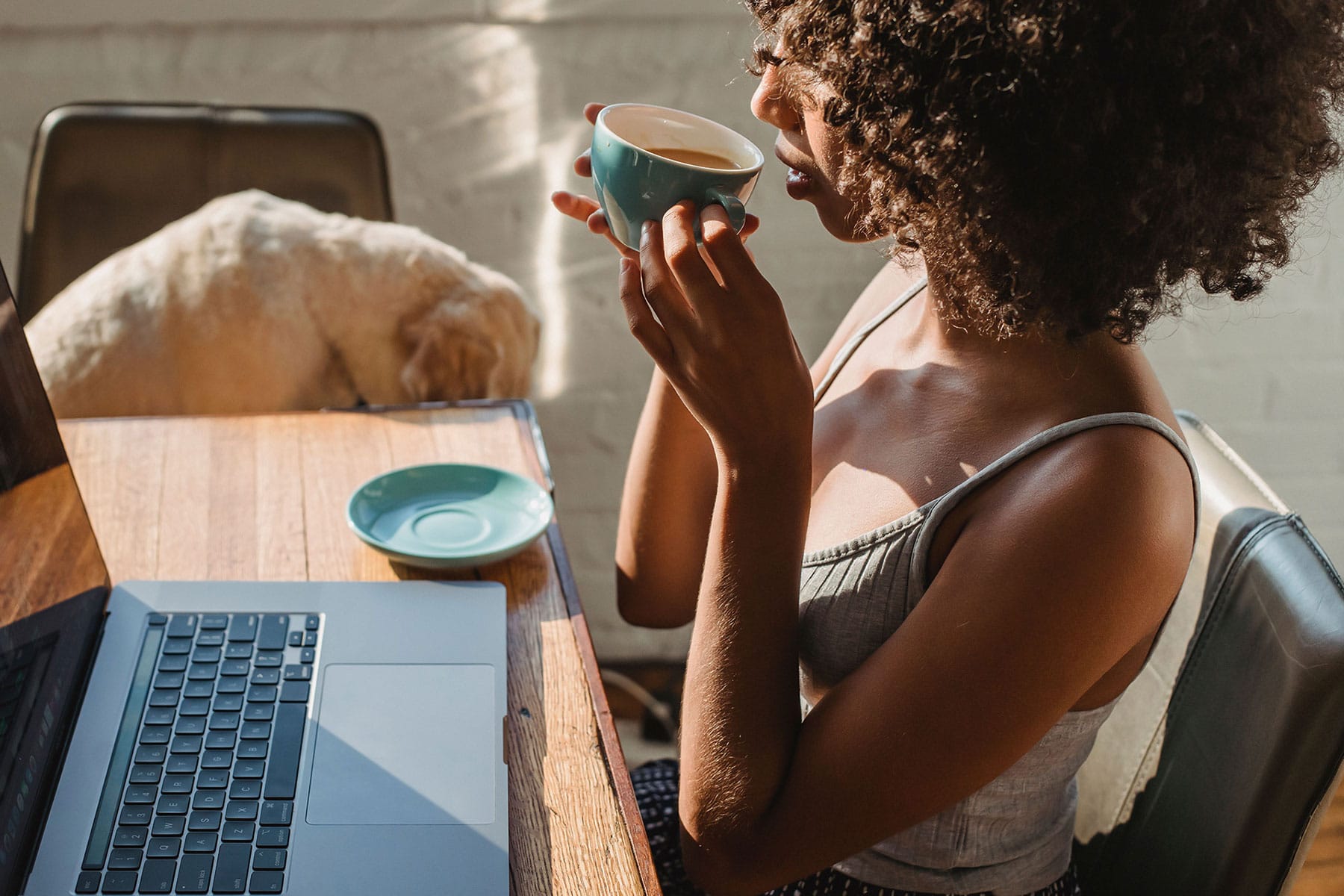 Traveler reviewing accommodation options on a laptop while enjoying coffee at home before making a booking decision.