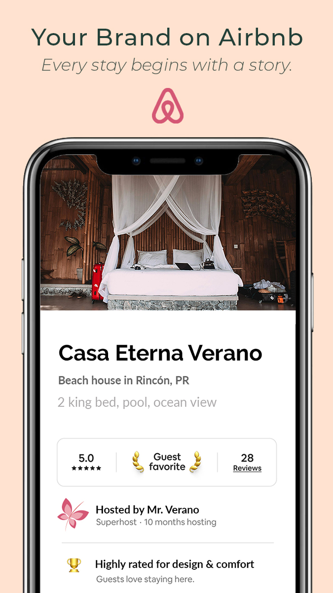 Mobile phone mockup showing a Casa Eterna Verano Airbnb listing with text above reading ‘Your Brand on Airbnb – Every stay begins with a story.’ The design features a soft peach background, the Airbnb logo, and elegant typography that highlights branding for vacation rentals.